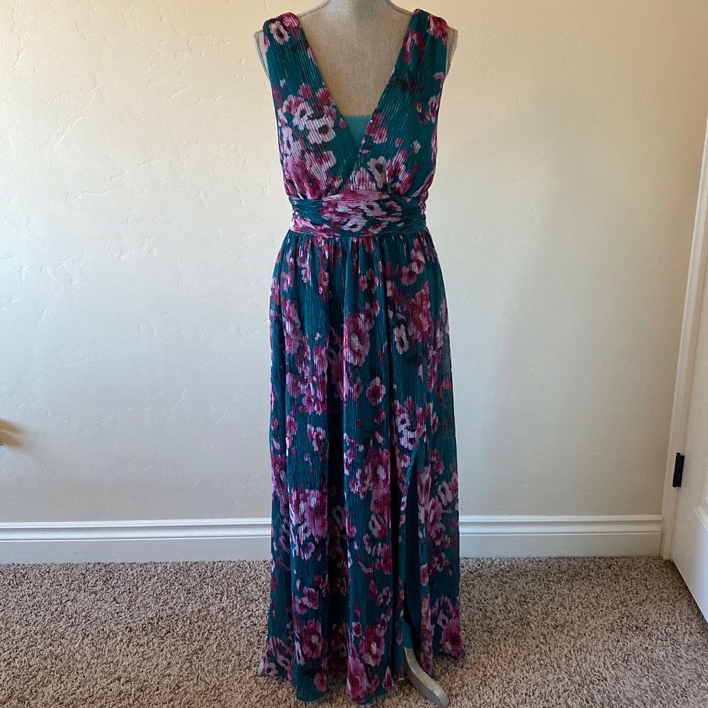 Nightway Collection Maxi Dress, Emerald green with purple flowers and slit